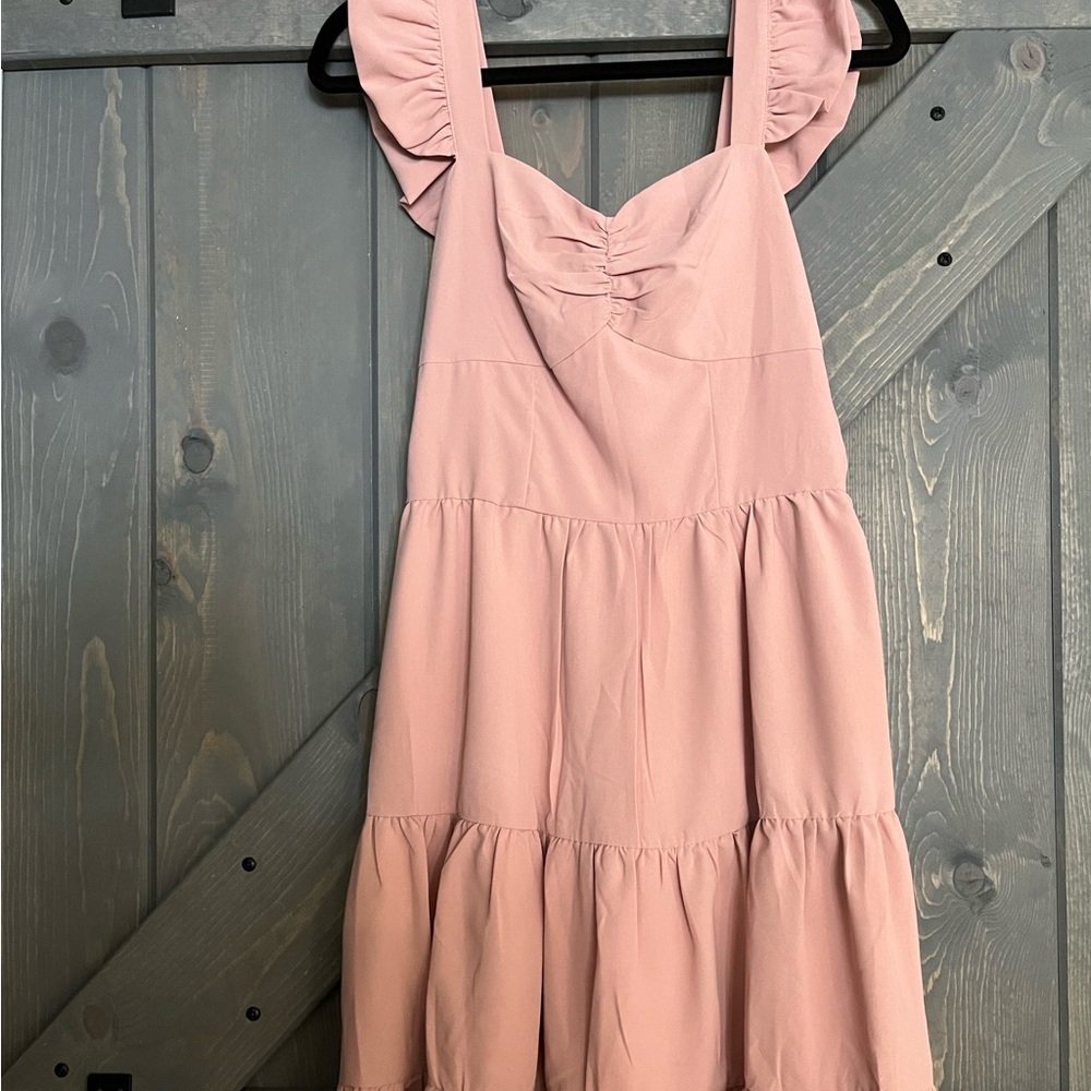 PINK FLUTTER SLEEVE RUFFLE HEM RUCHED DRESS - Picture 3 of 4